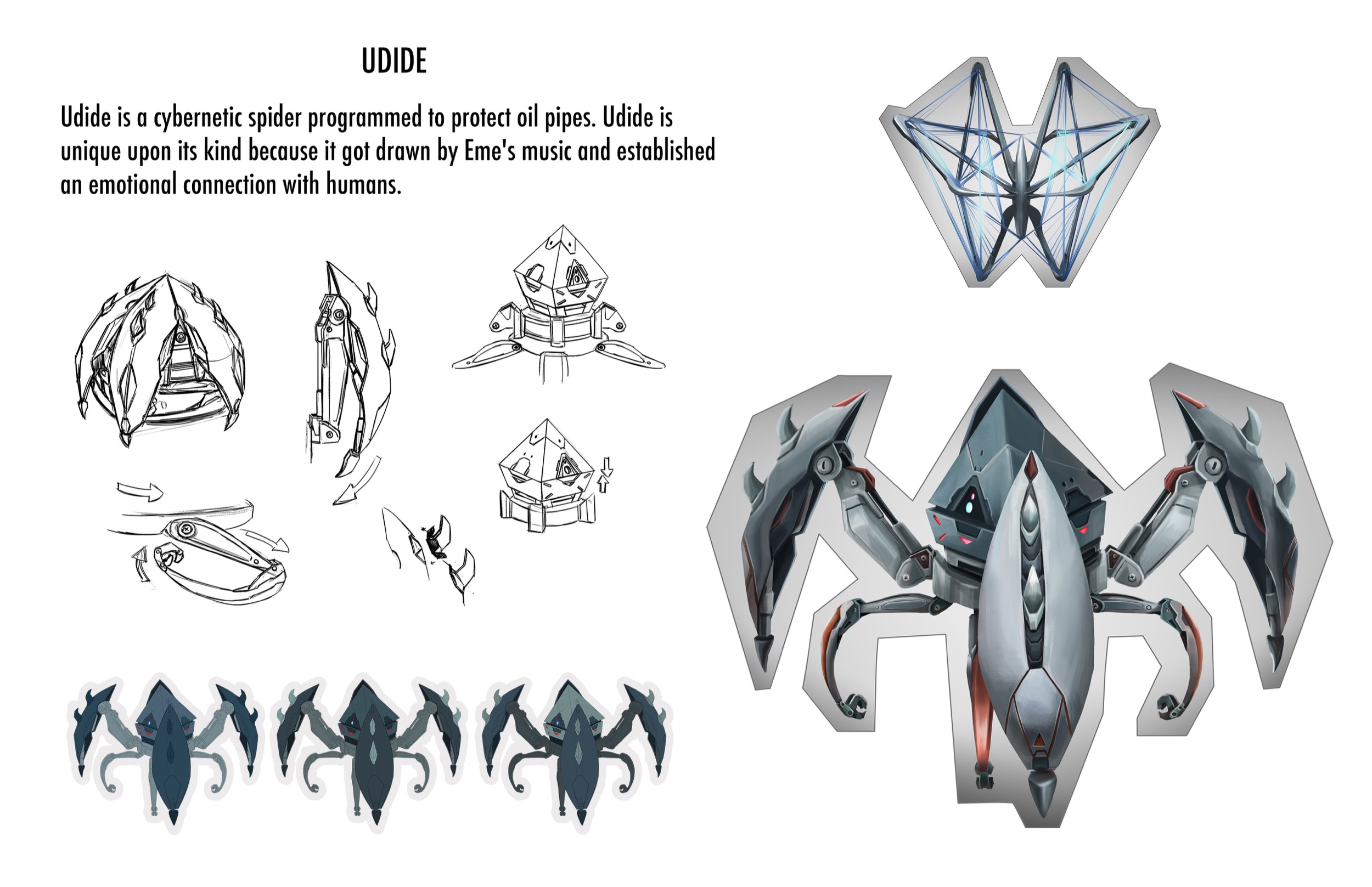 Udide cybernetic spider design sheet with mechanical studies and color variations