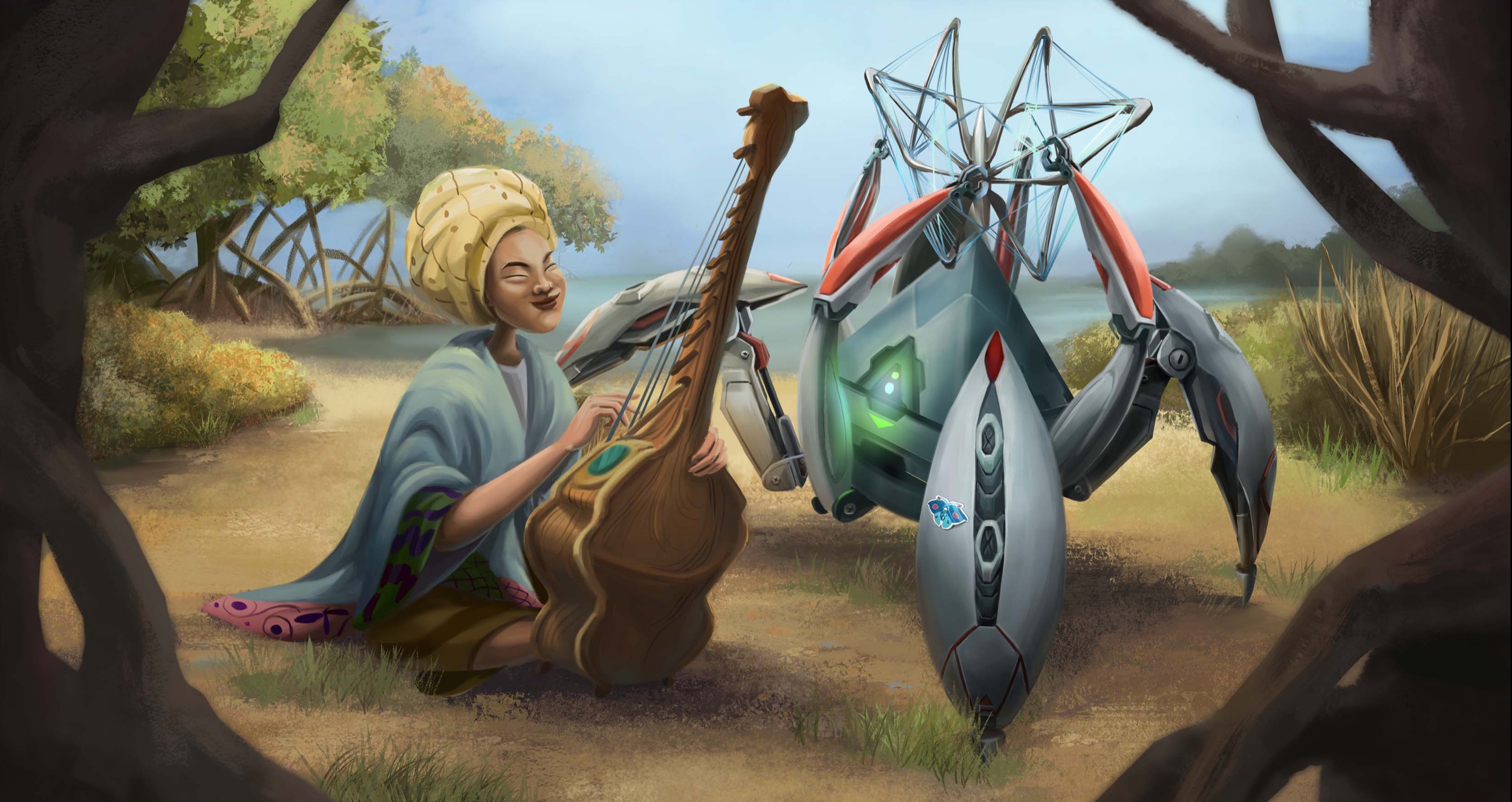 Eme and Udide sharing music together beneath the trees