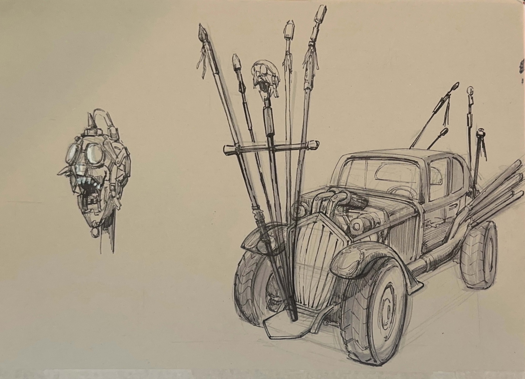 Antique utility car loaded with arrows and equipment