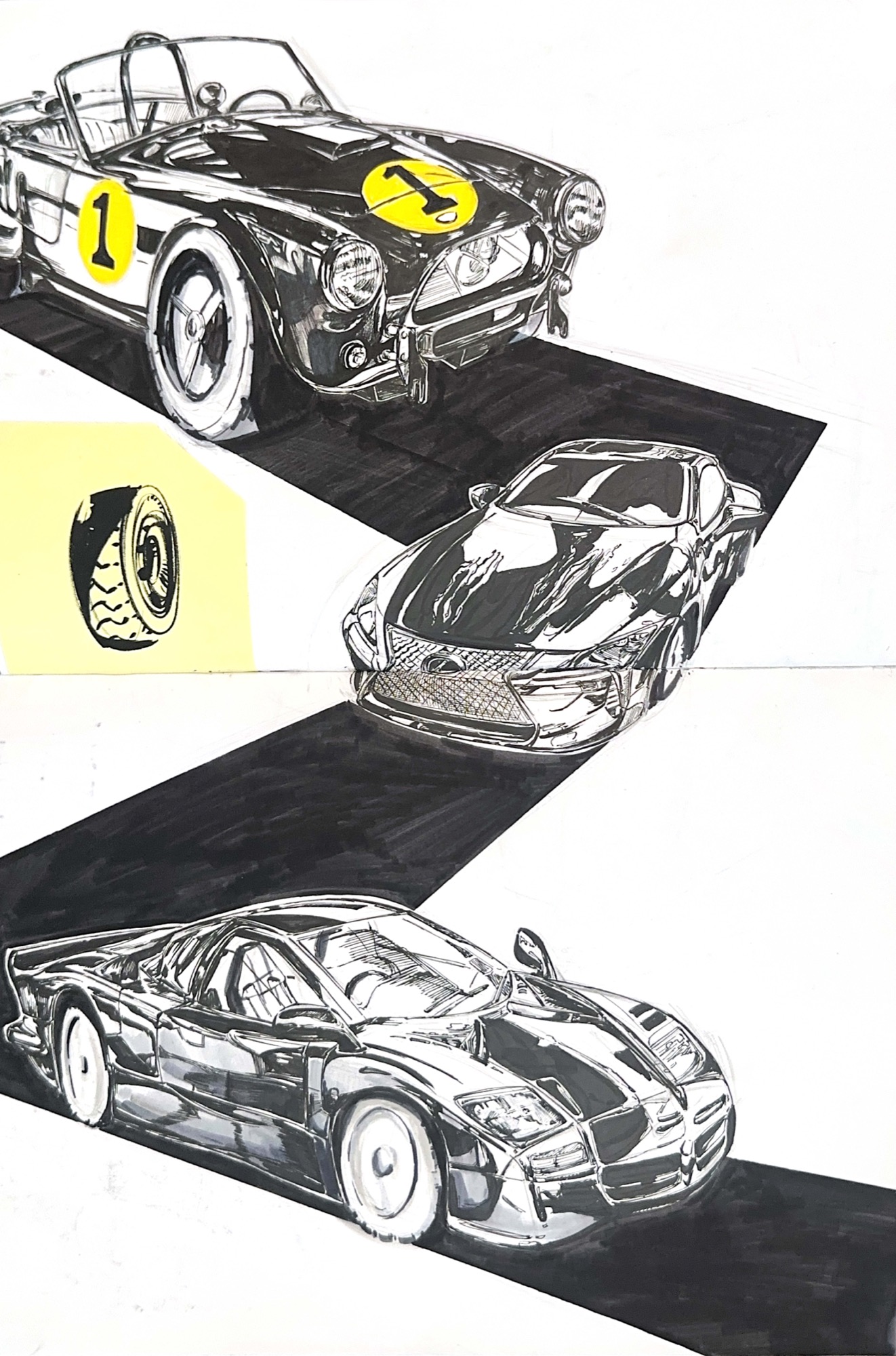 Classic and modern sports car ink studies with yellow accents