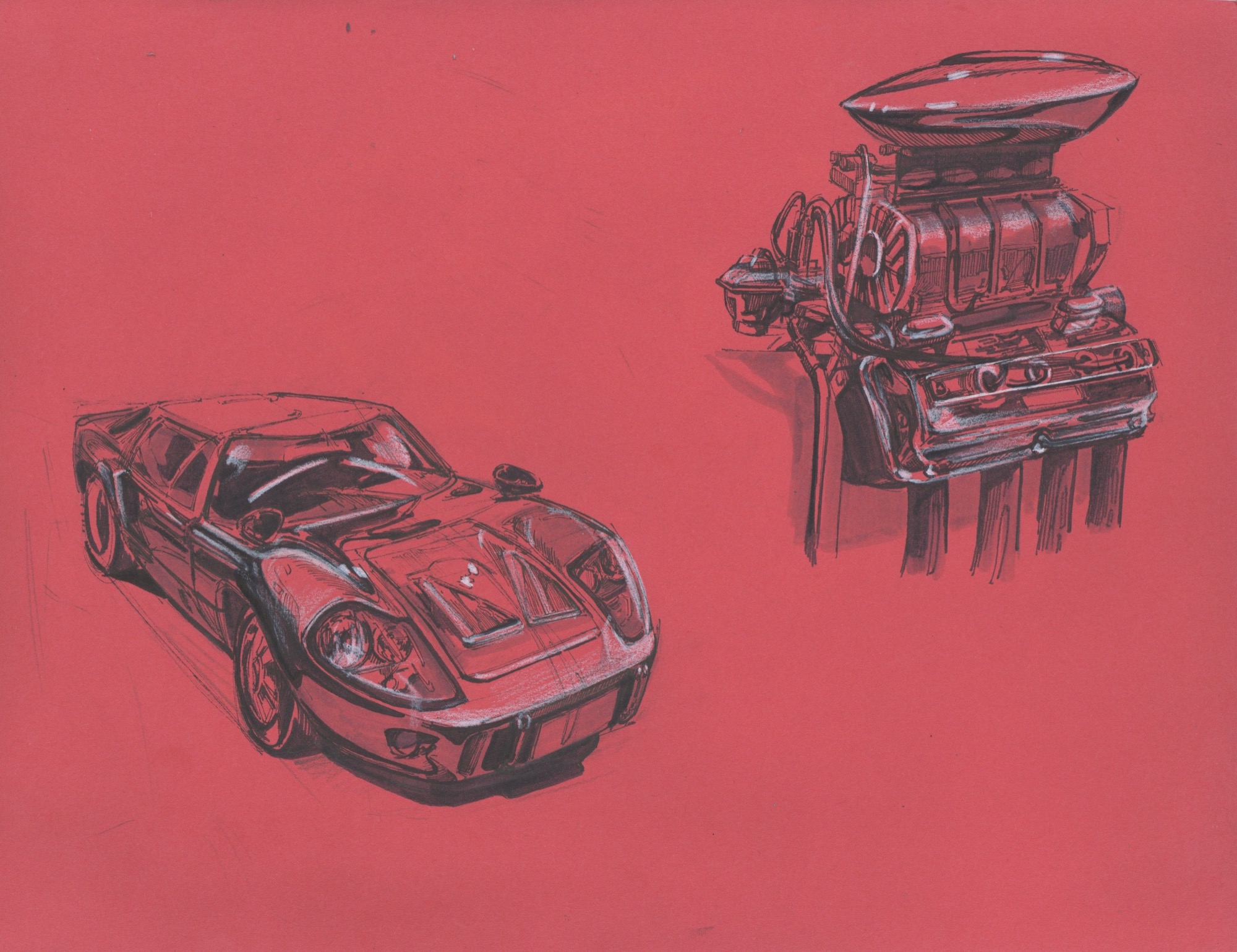 Sports car and vintage stove sketches on red paper