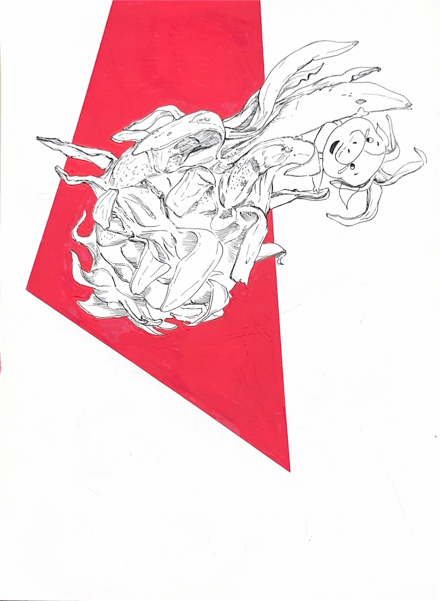 Dragon and character gesture drawing over a red graphic shape