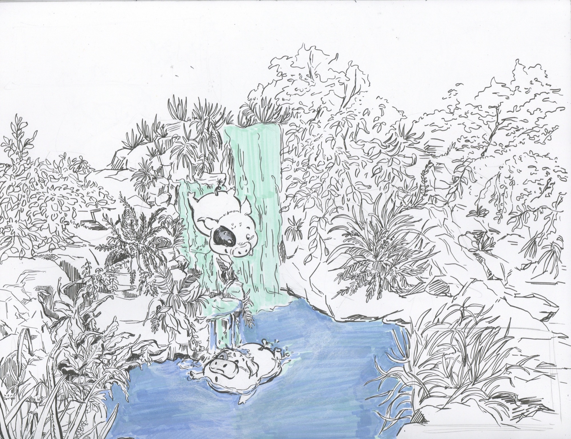 Characters exploring a greenhouse pond surrounded by plants
