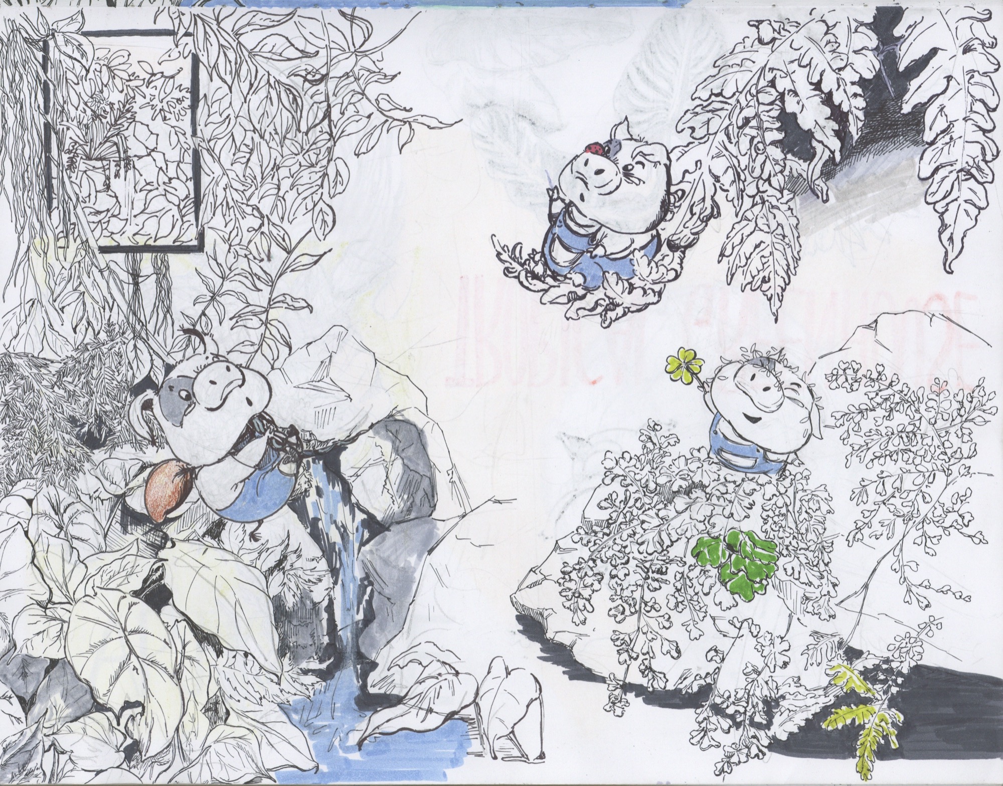 Characters exploring a dense botanical landscape