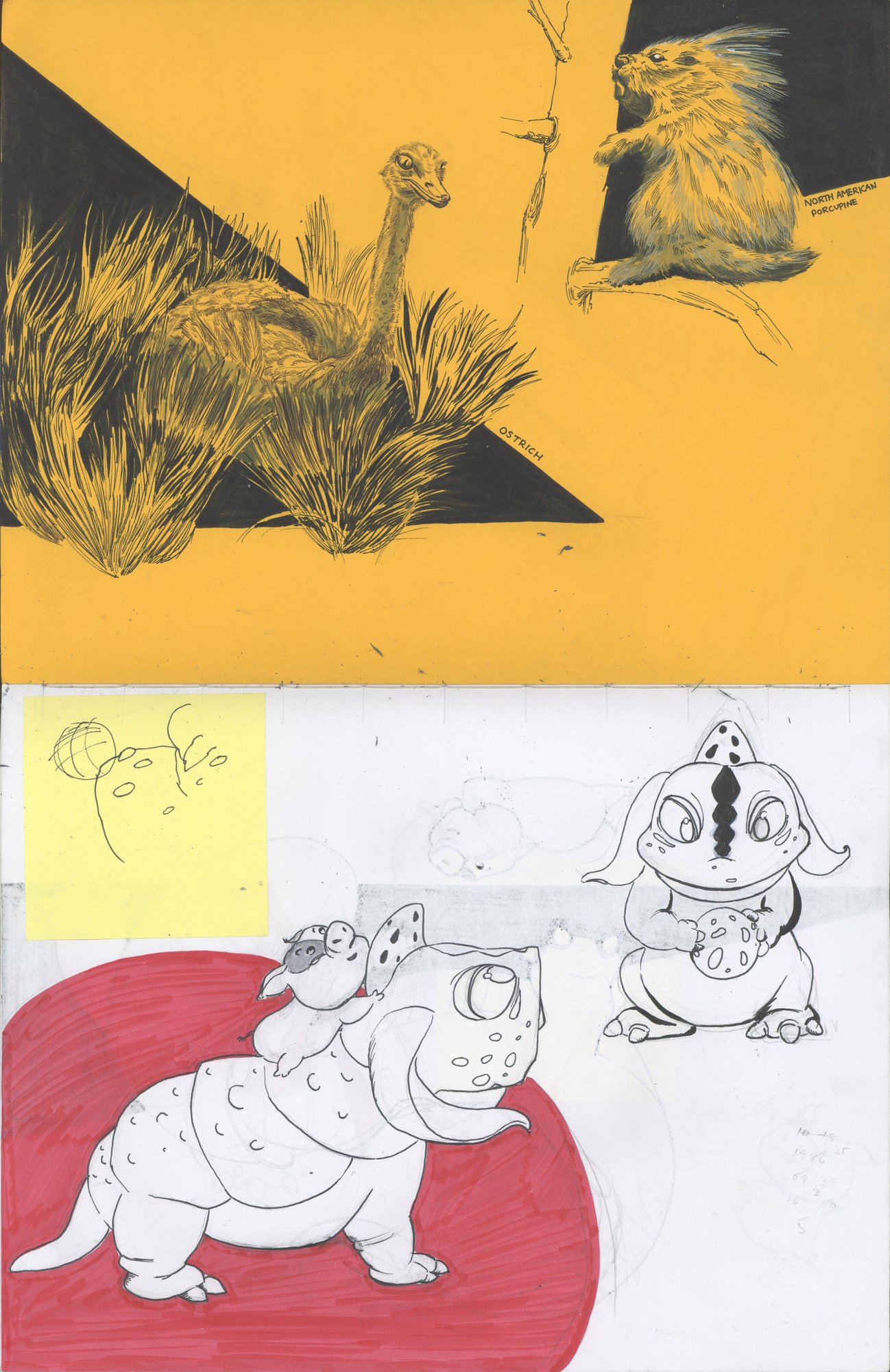 Big cat and rounded story character studies on yellow and red fields