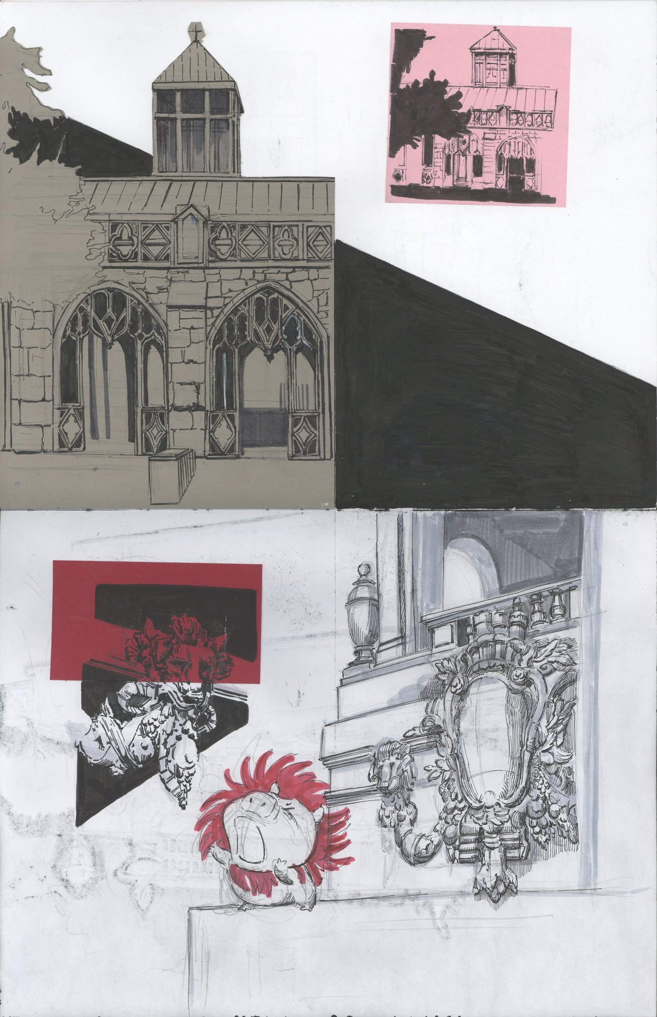 Architectural, creature, and vehicle sketch collage
