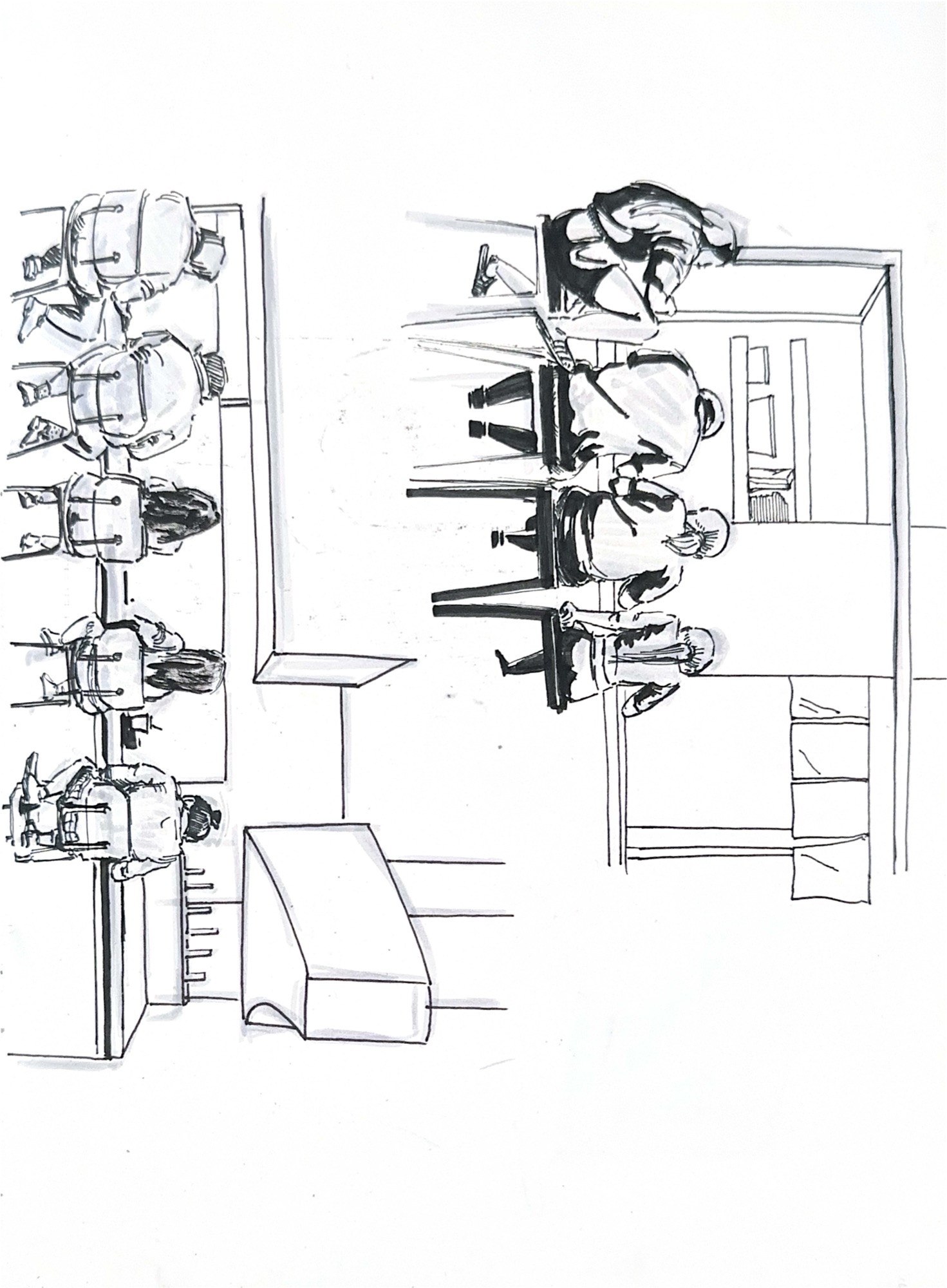 Interior perspective with repeated character movement sketches