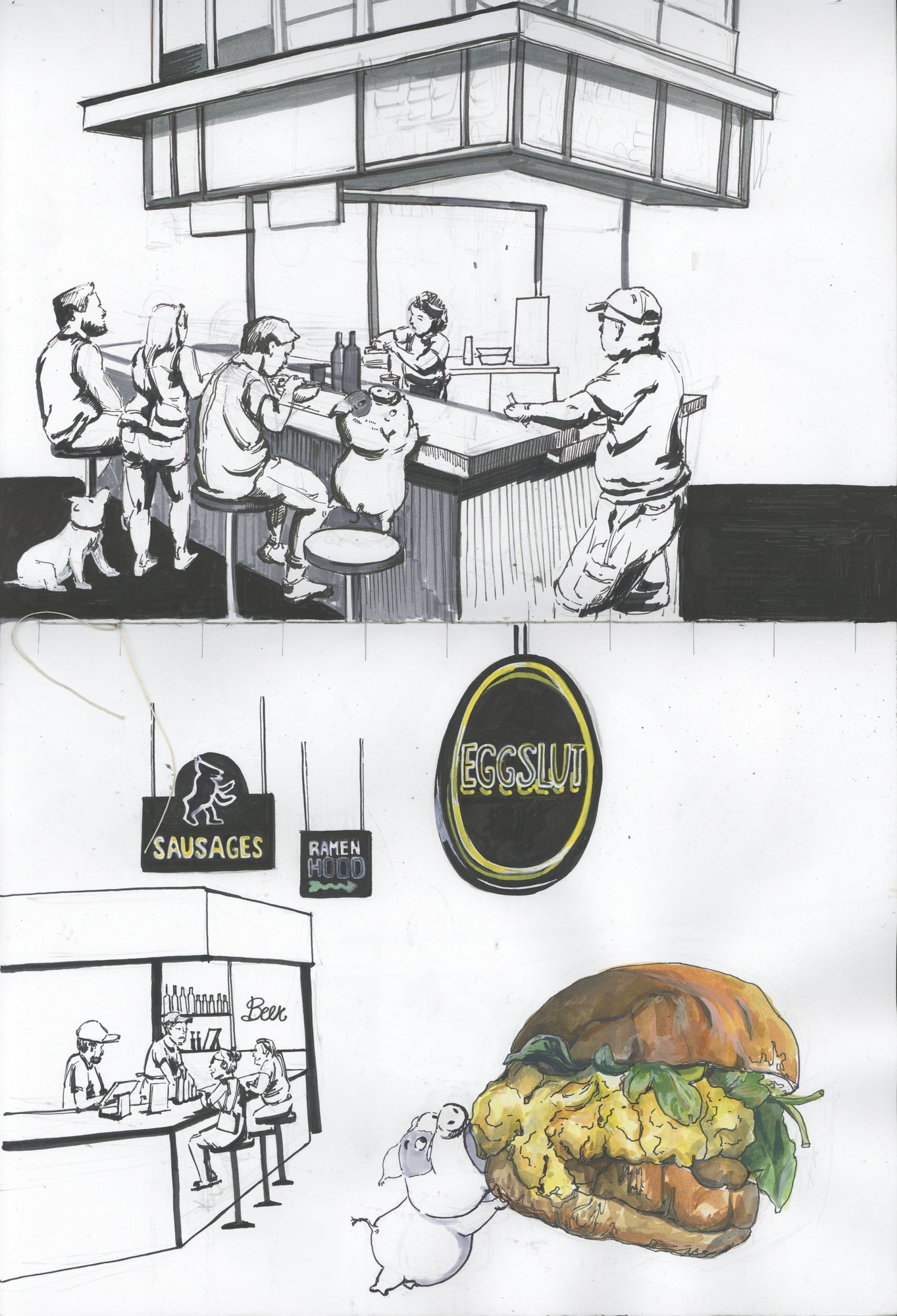 Restaurant counter, sausage shop, and hamburger studies