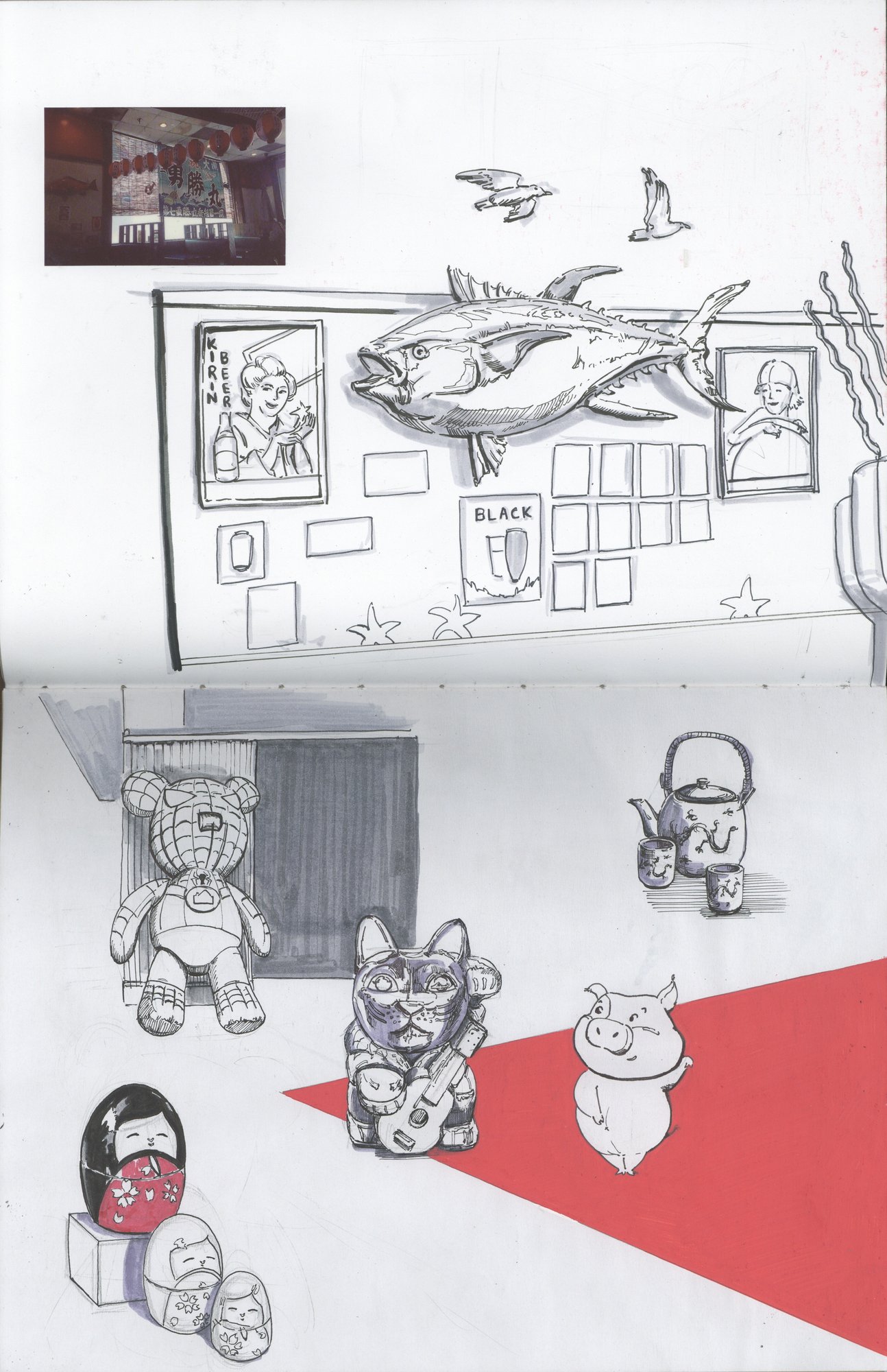 Gallery scene, framed artwork, and prop thumbnail sketches