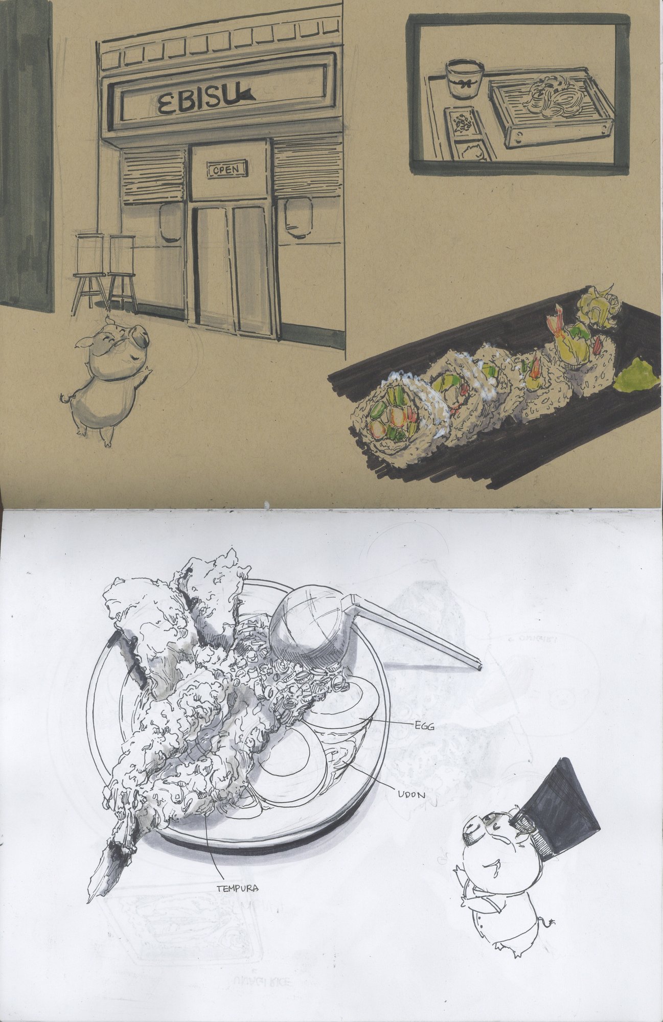 Ebisu restaurant exterior, food, and cat studies